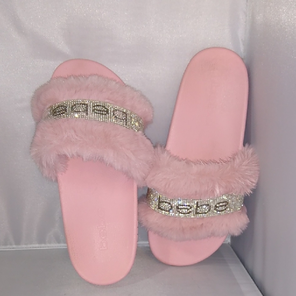 Bebe Pink Furry Slide Sandals